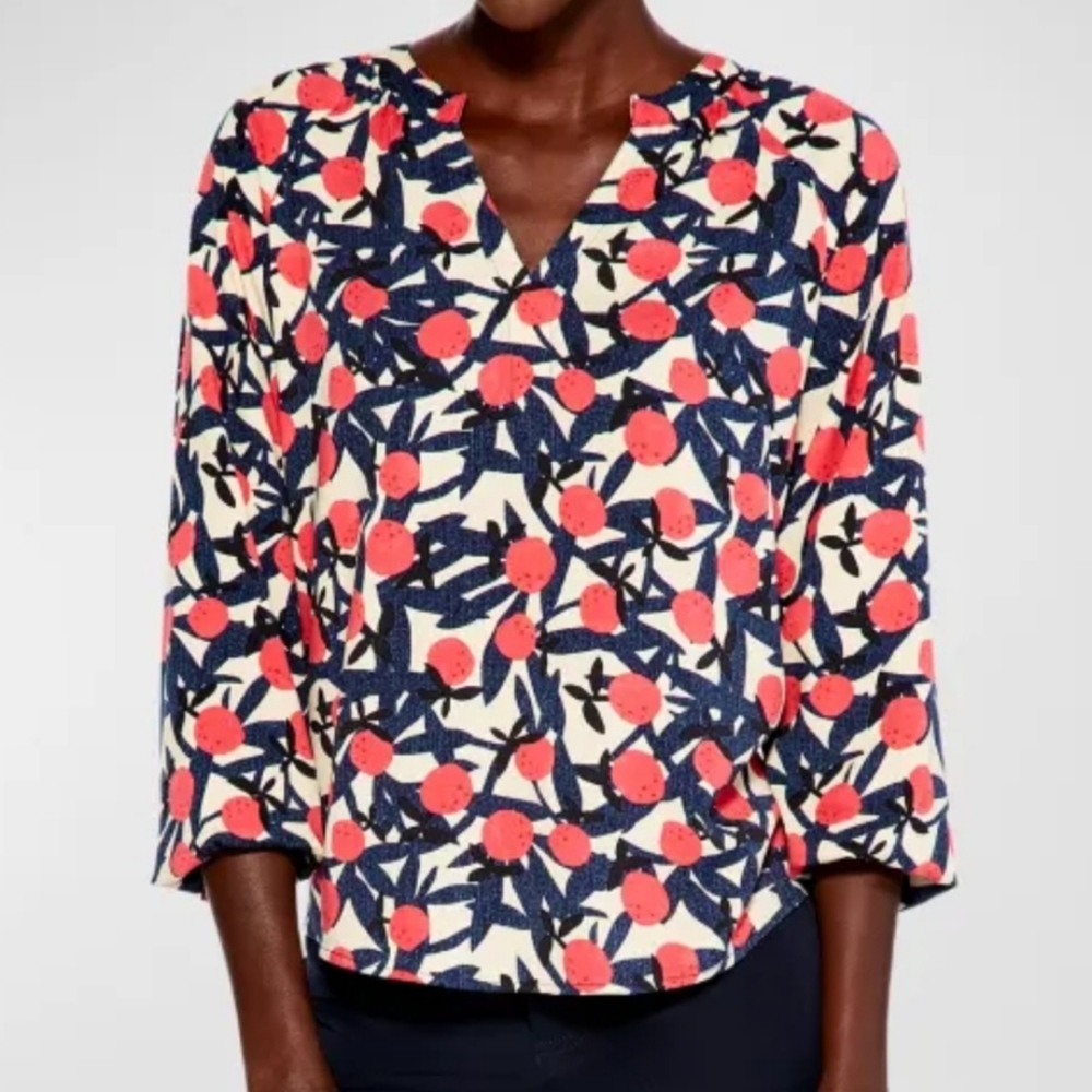 Nic+Zoe Fresh Squeeze Popover Blouse Cream Blue Red V-neck